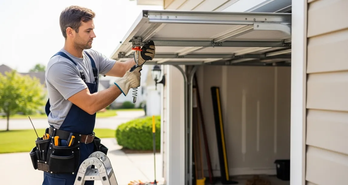 A technician repairng garage door